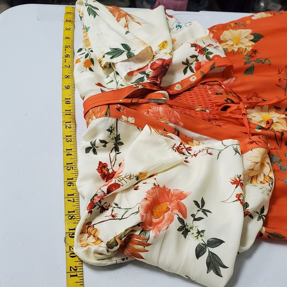 Farm Rio Anthropologie Womens Kiera Maxi Dress Size L Orange Floral Boho Hippie - Picture 8 of 11